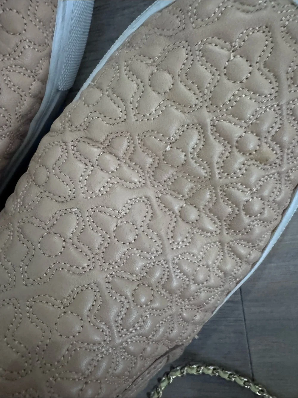 Tory Burch Quilted Slip-On Flats in Light Beige with White Soles